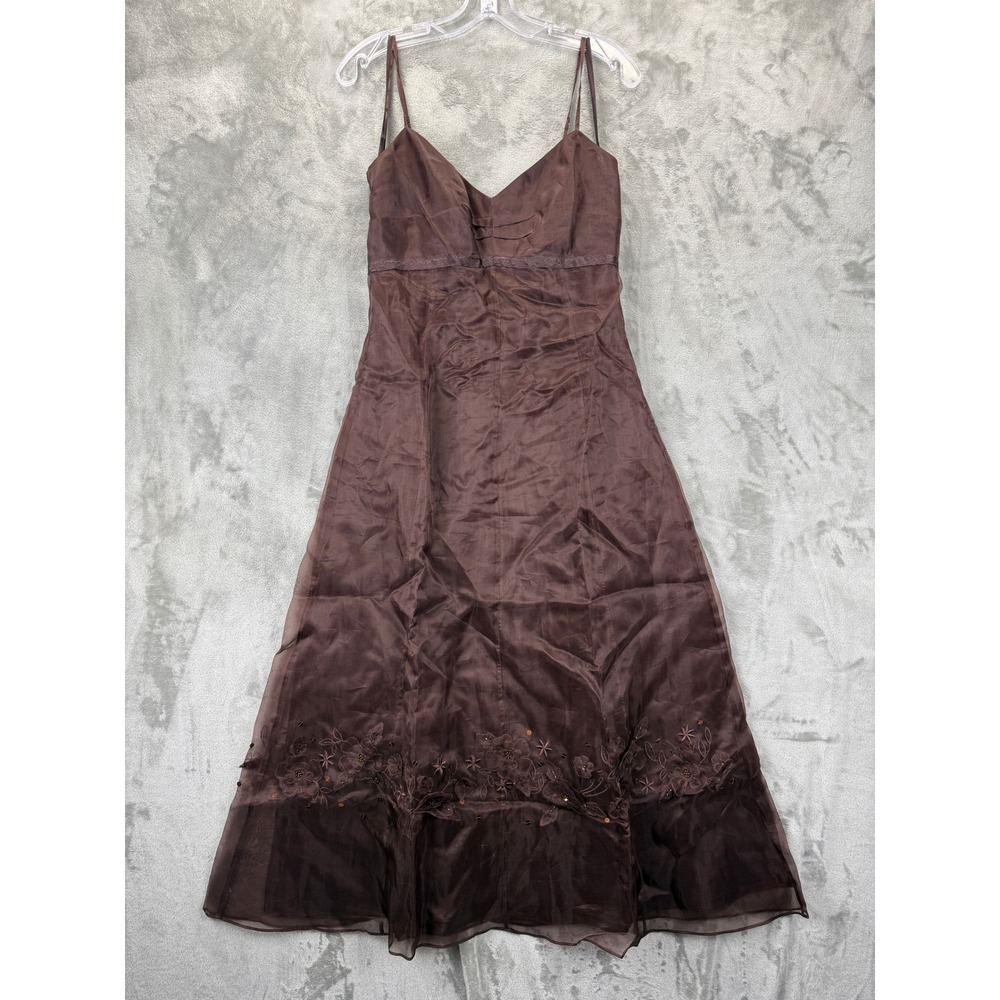 Monsoon Kimberley Chocolate Brown Silk Blend Embroidered Midi Dress UK 10 EUR 38